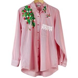 Vintage Women's Red White Candy Stripe Long Sleeve Button Down Shirt Handpainted